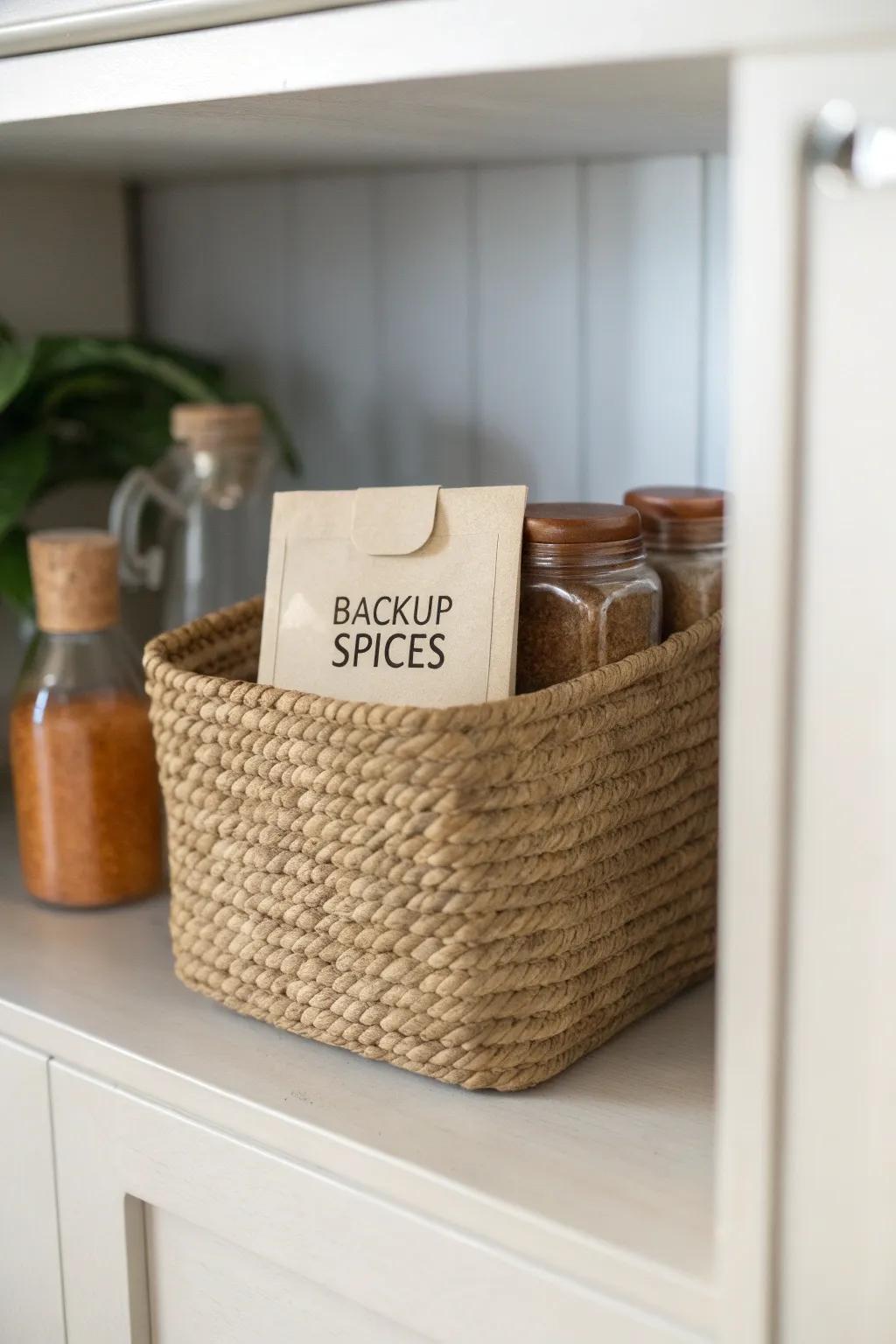 One labeled backup spice bin keeps refills organized, saves cabinet space, and simplifies inventory.