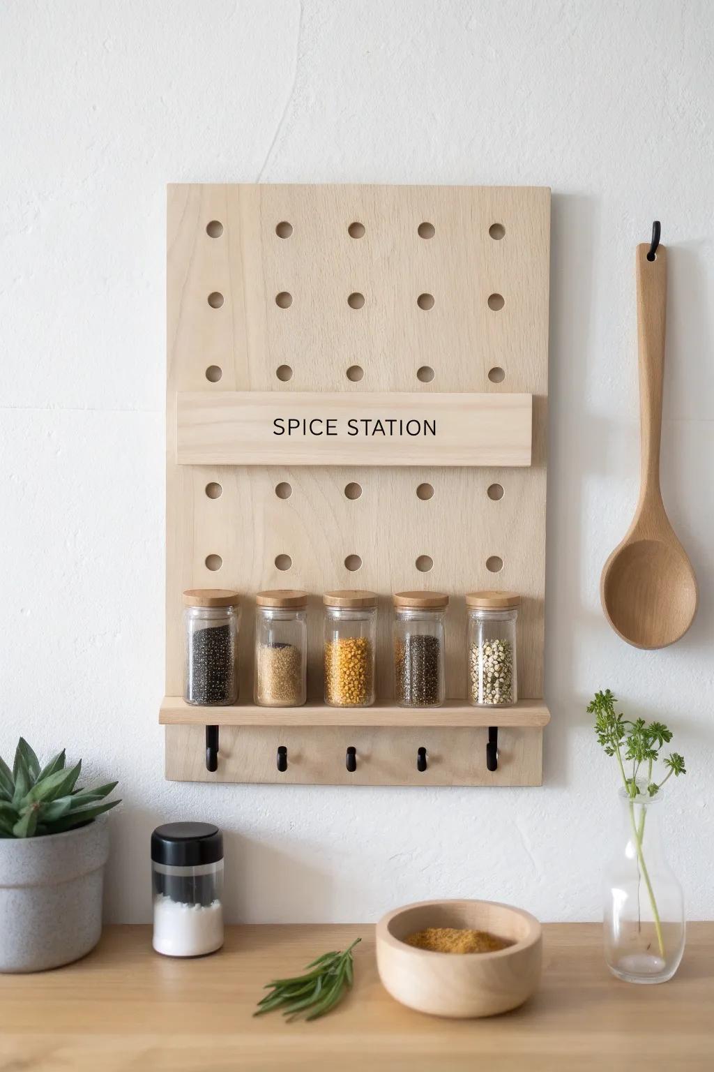 A minimalist pegboard spice station that keeps jars, spoons, and tools tidy in tiny kitchens.