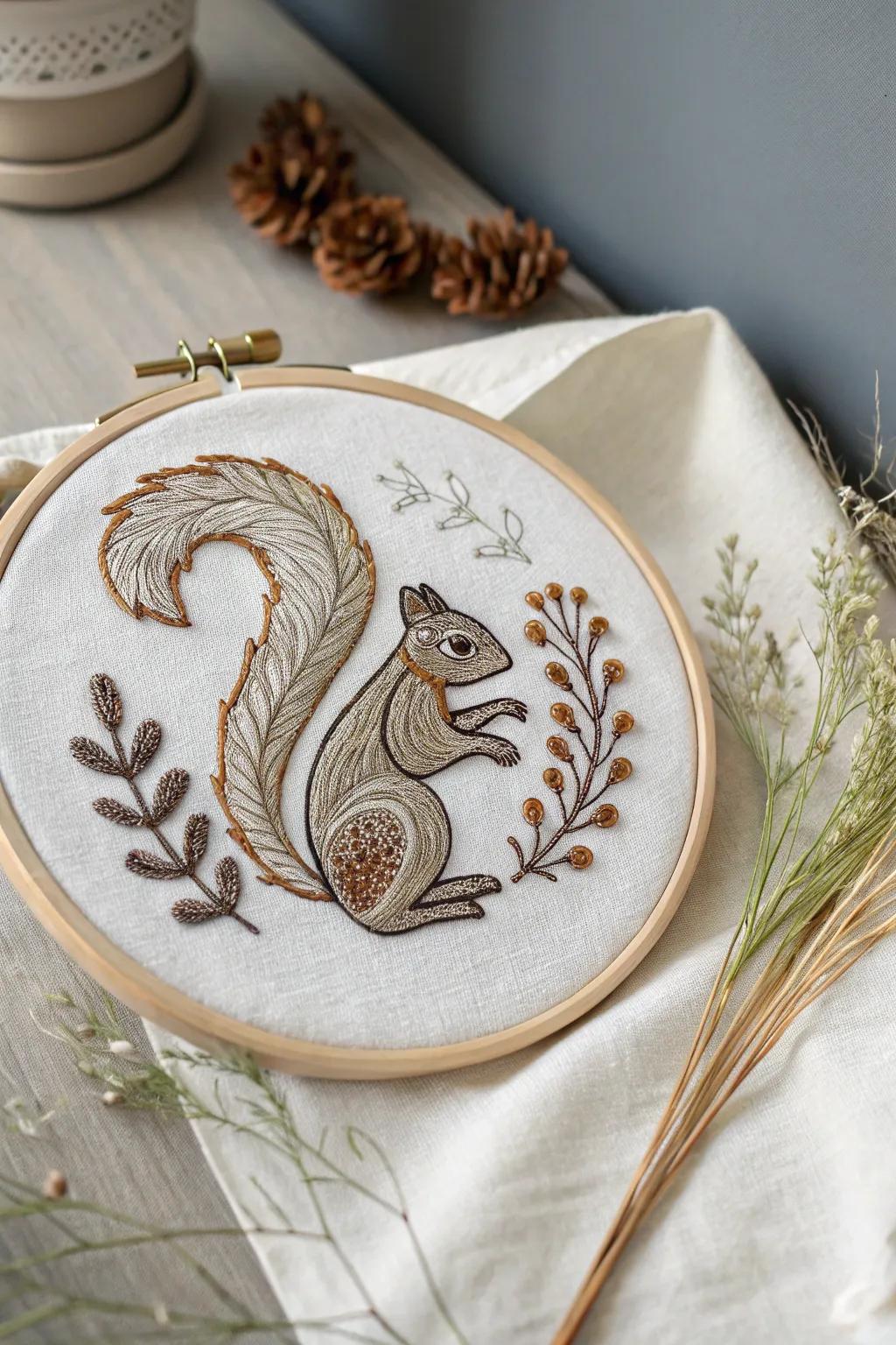 Bring charm to your space with this delightful squirrel embroidery hoop, where minimalist elegance meets handcrafted artistry.