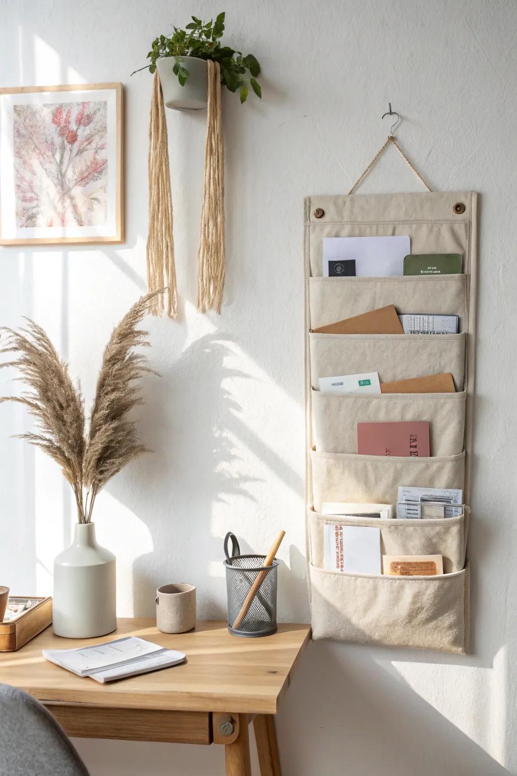 A slim wall file keeps daily-use sticker sheets visible, labeled, and off your tiny desk.