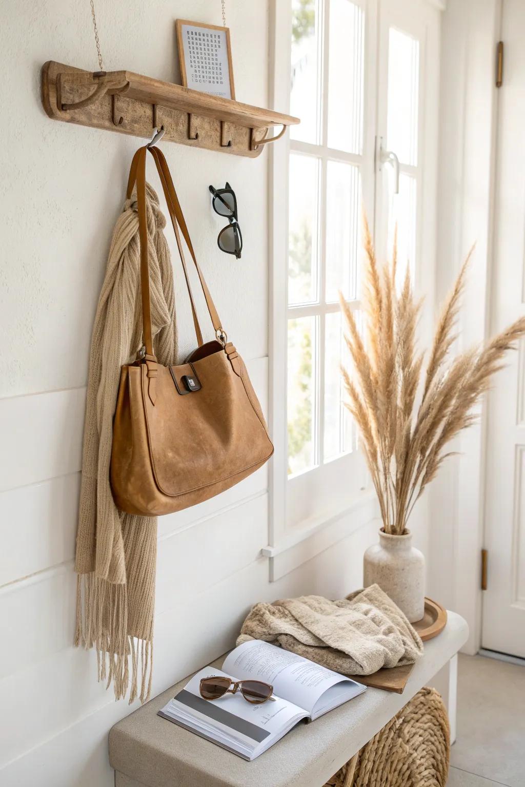 Create a mini drop zone: one hook + a small tray keeps your everyday purse tidy by the door.