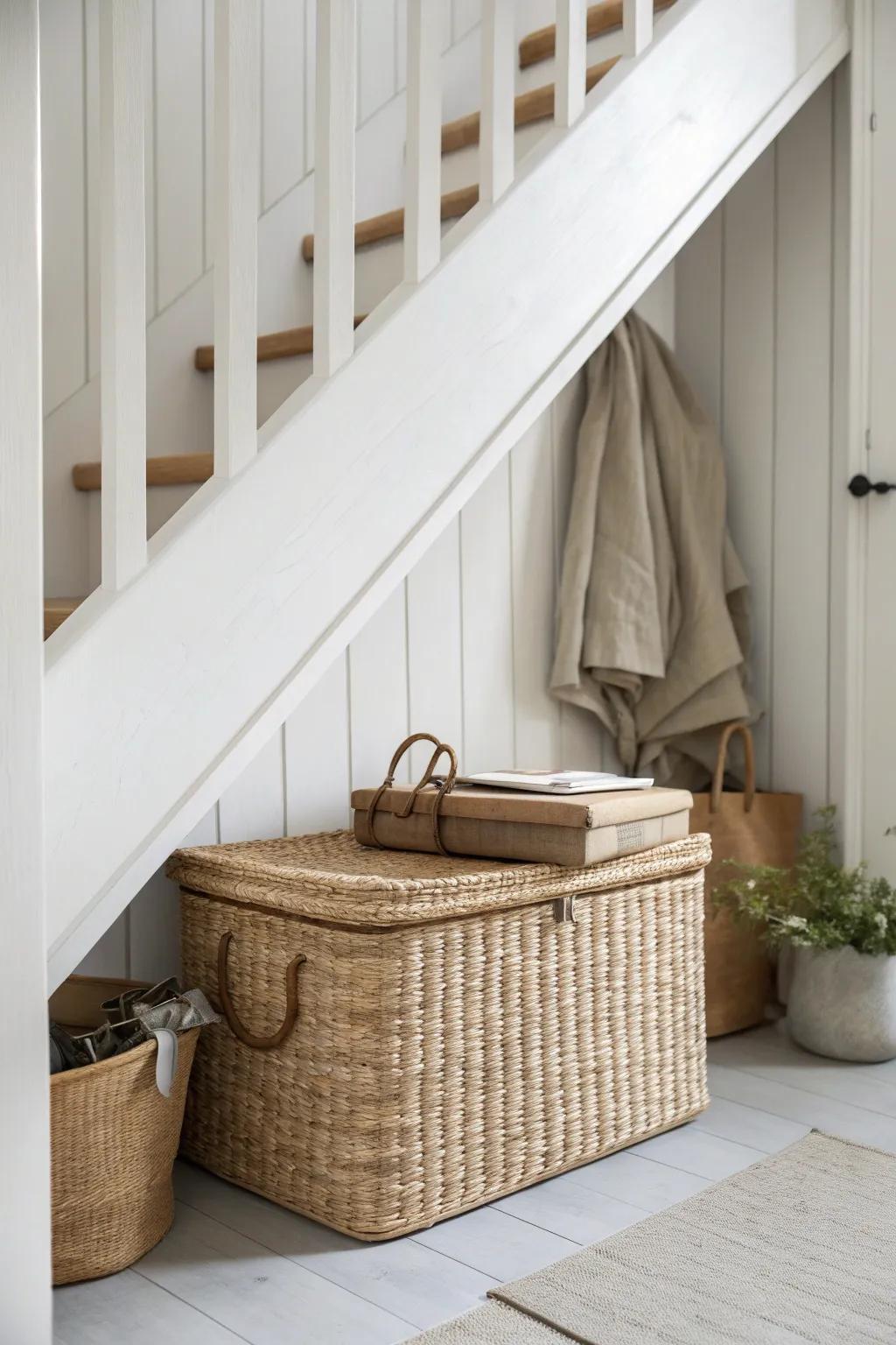 Turn the under-stair slope into custom storage with a low woven bin that fits perfectly.