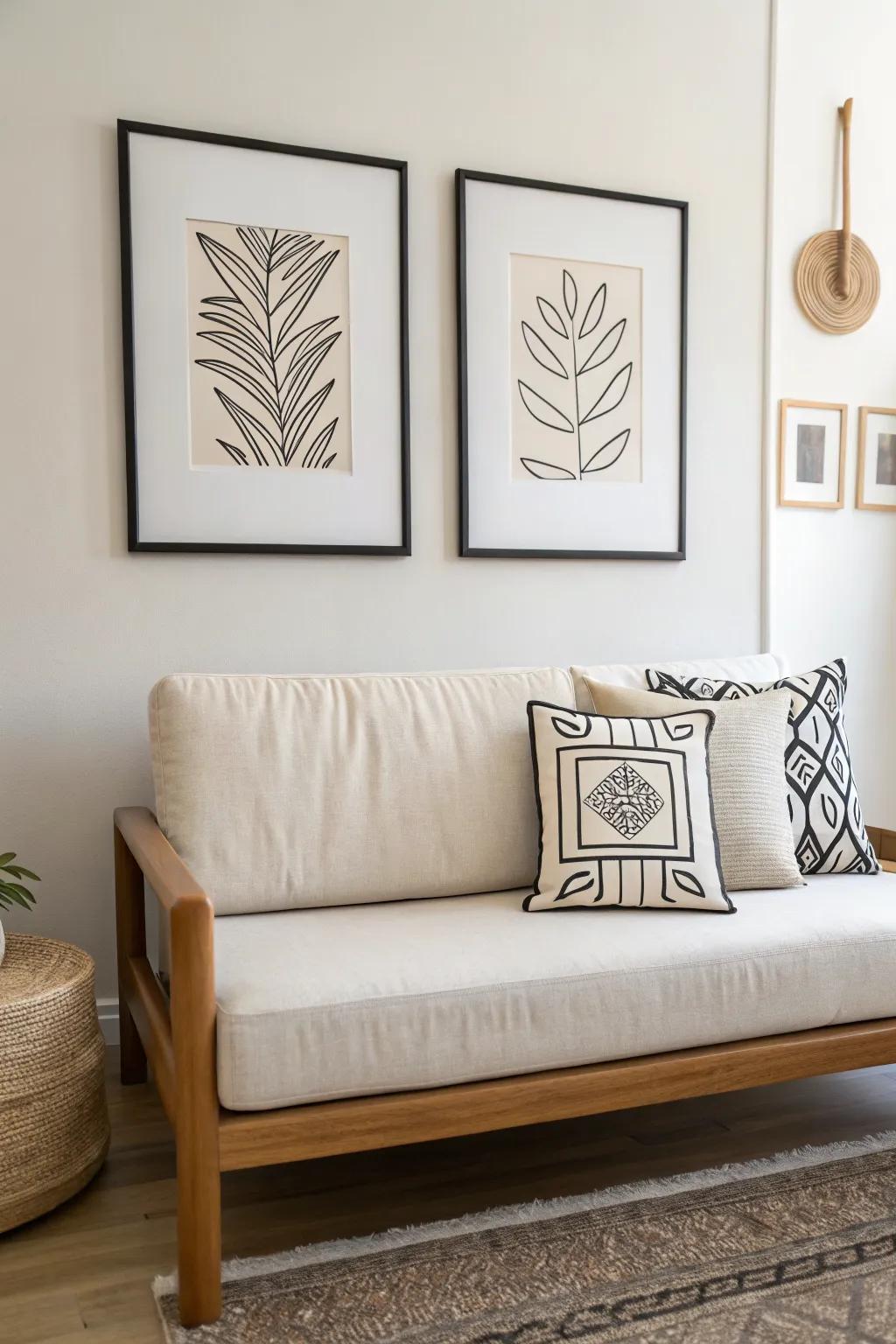 Two matching frames in a tidy grid instantly make a small studio feel calm and intentional.