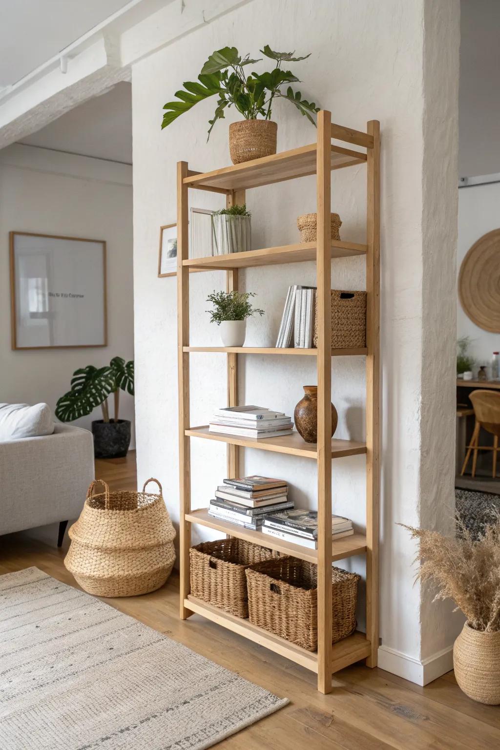 Float open shelving to divide a tiny basement studio—airy storage that keeps light and calm.