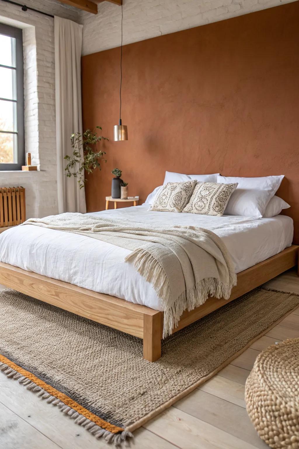 Let the bed steal the show—crisp linen, warm wood, and a simple wall for your studio.