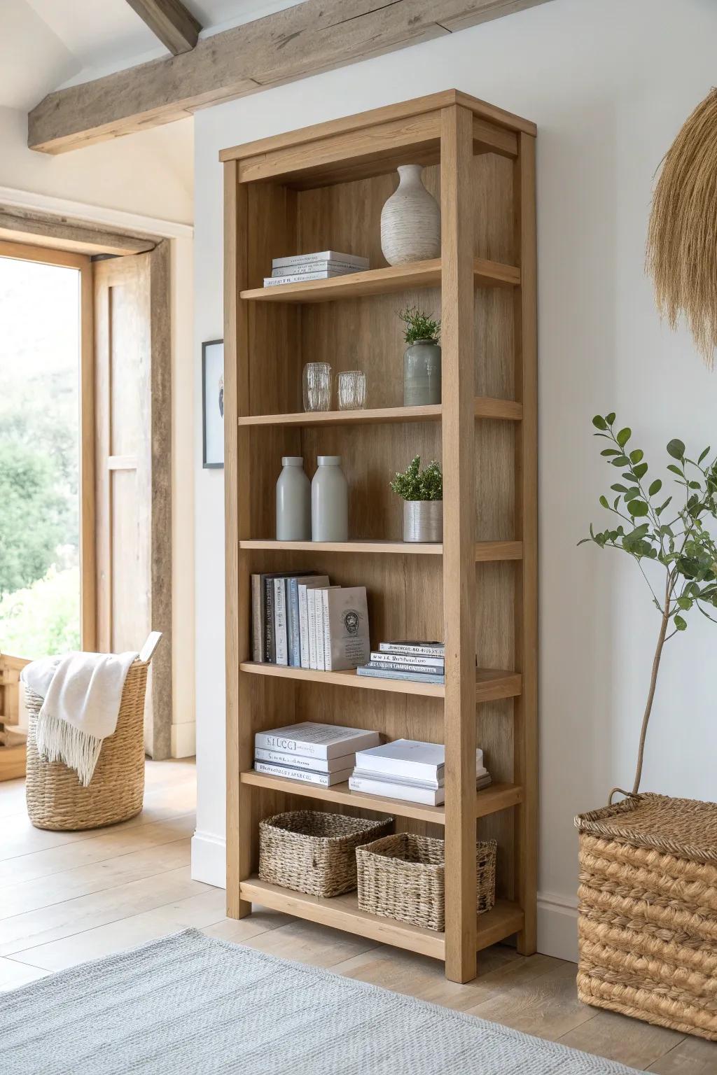Use an open bookcase divider for privacy without blocking light—pretty, practical, and airy.