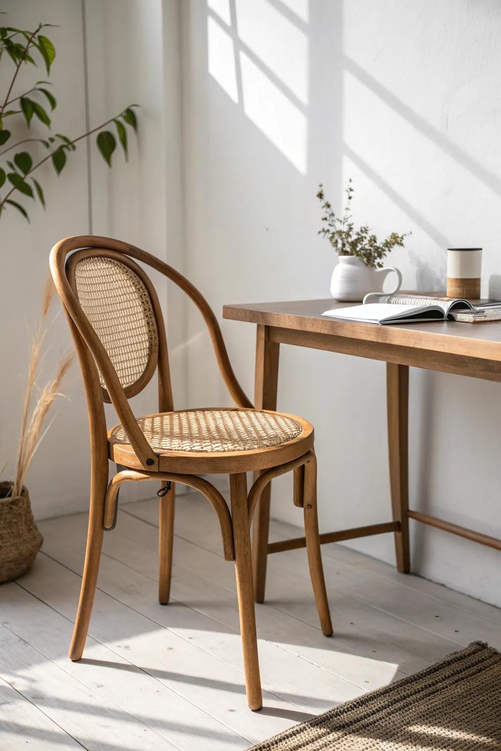 A slim cane-seat chair that slides fully under the desk—small-space study nook perfection.