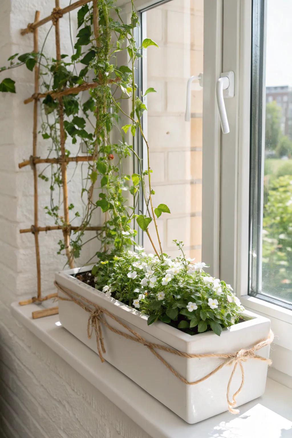 Mini trellis + climbing vine turns a simple window box into a storybook summer frame.