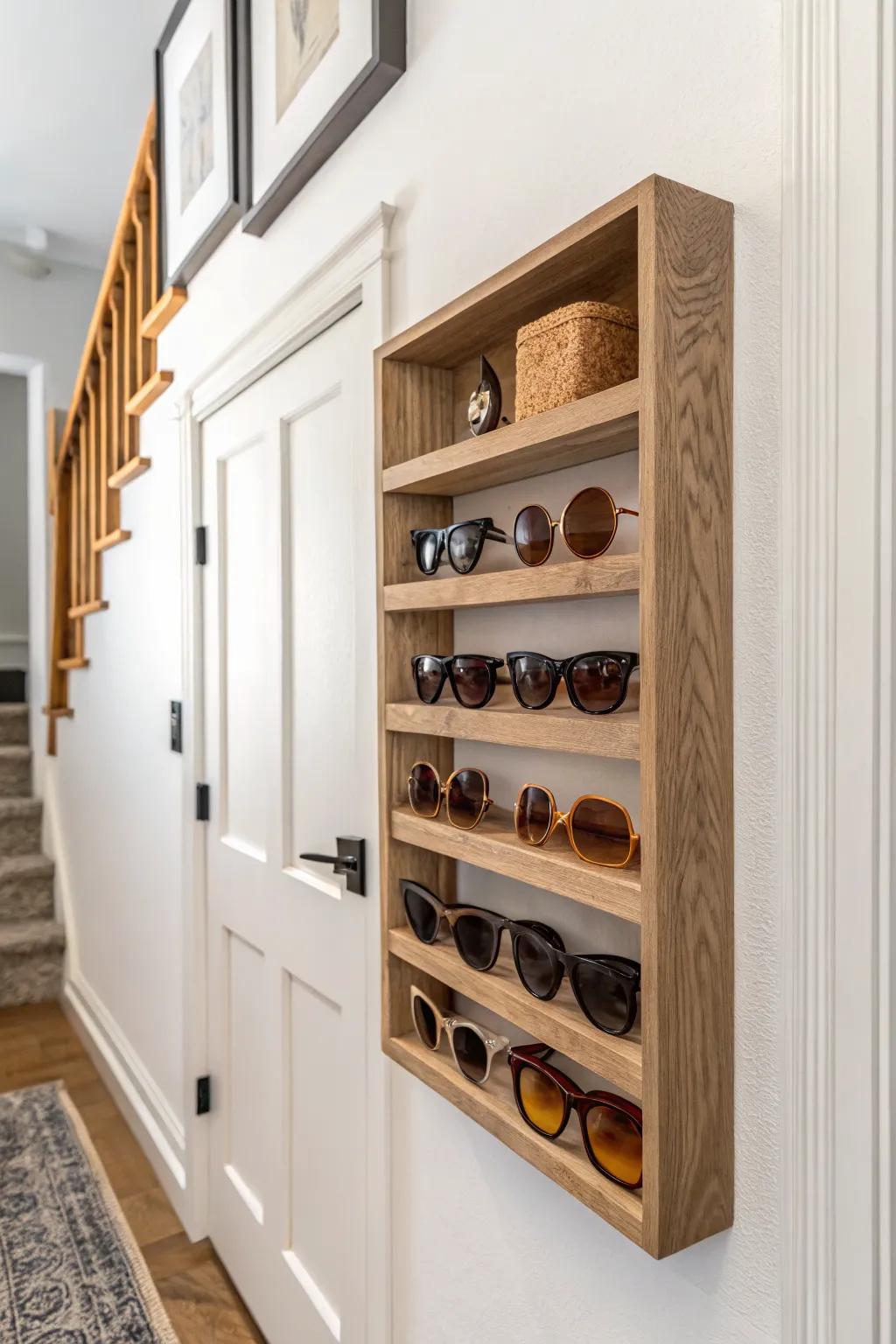 Spice rack turned sunglasses shelf: slim, space-smart ledge that makes frames look like decor.