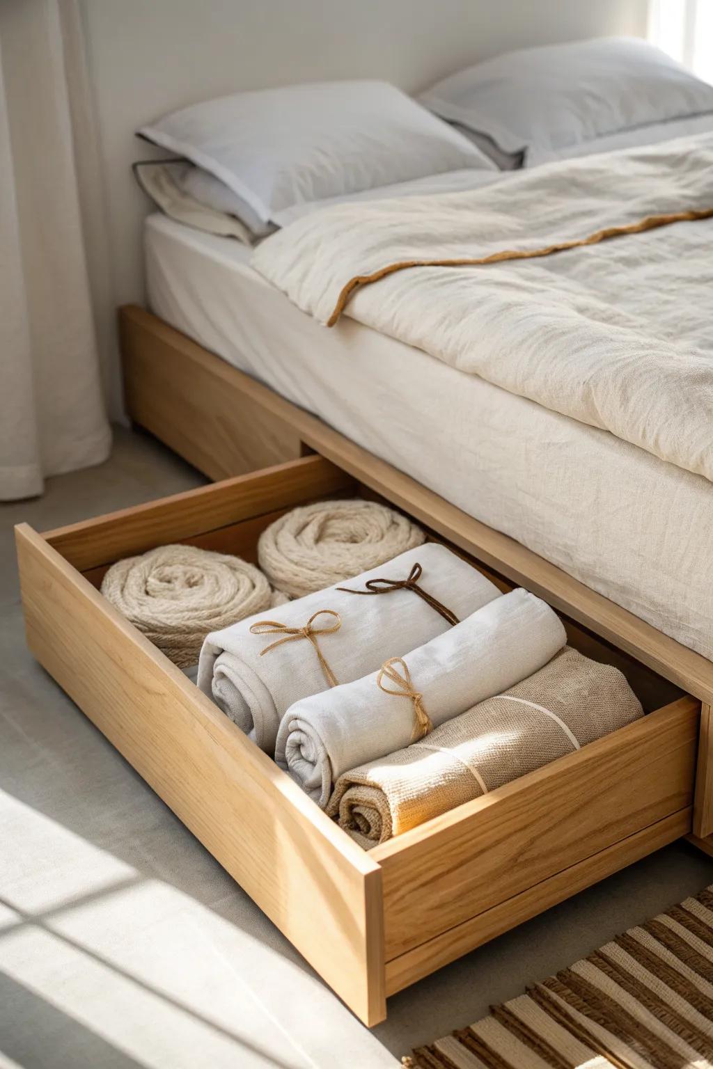 Tuck rolled linen tablecloths in a slim under-bed box—hidden, tidy, and easy to grab.