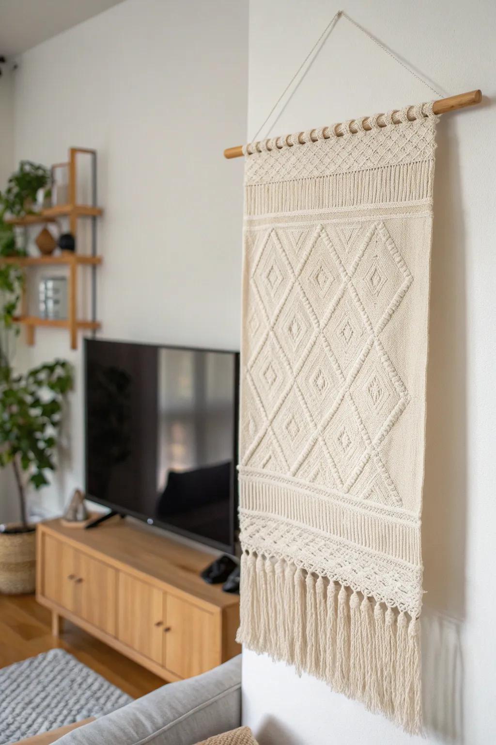 A woven tapestry panel on a simple rod transforms a harsh TV into calm, textured wall art.