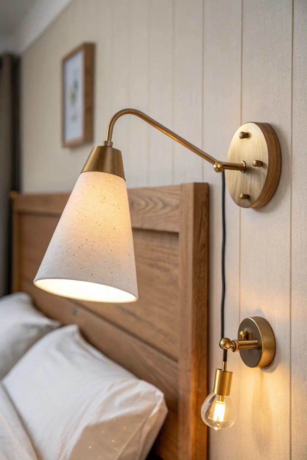 Layered wall lighting frees up the nightstand—warm glow + focused reading light in one.