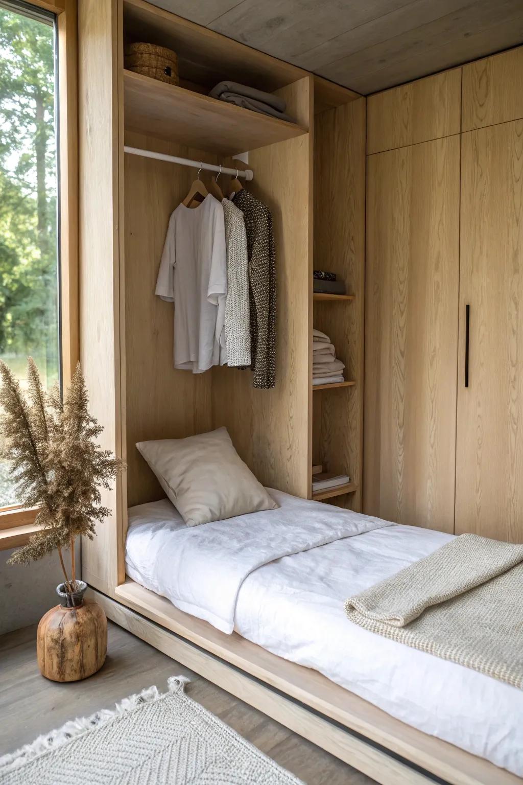 Turn a closet into a cozy temporary bed nook with a slim mattress pad and airy linen layers.
