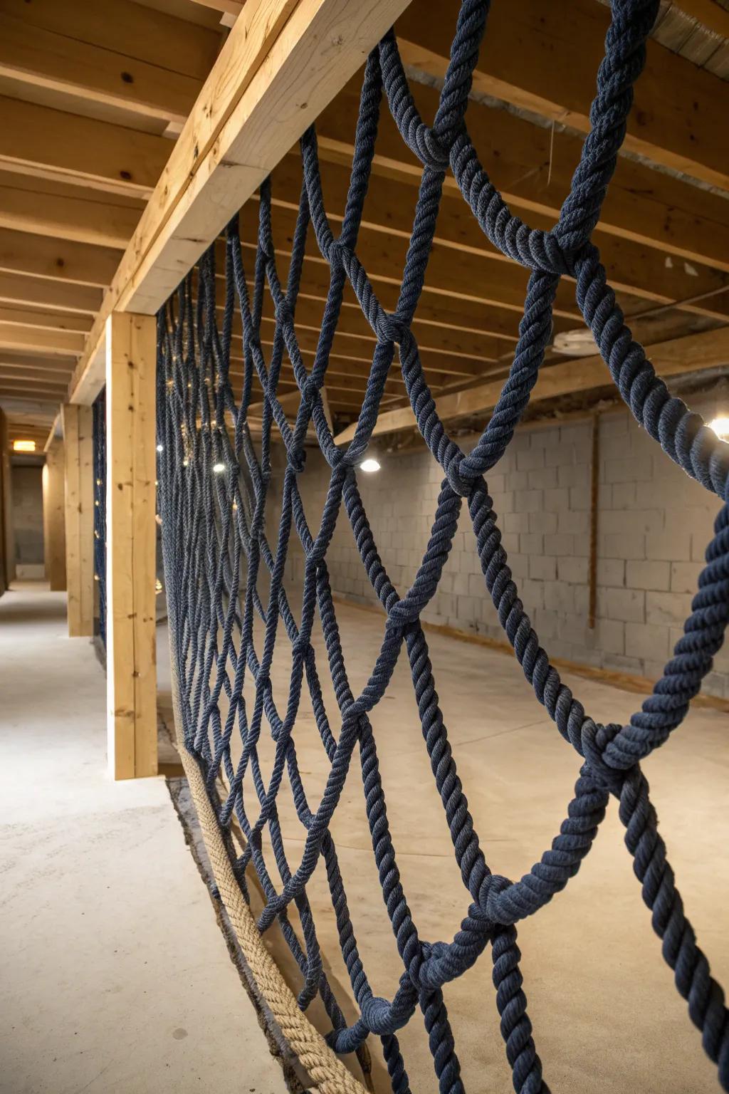 Transform your basement into a nautically inspired haven with bold, handcrafted rope partitions.