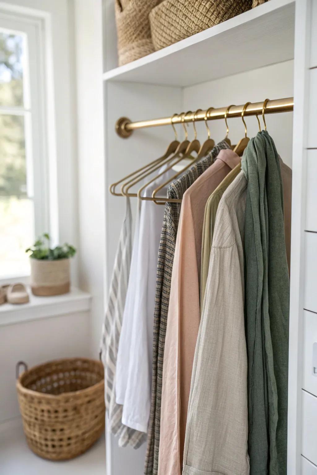 Renter-friendly tension rod tie bar: keeps ties neat, straight, and wrinkle-free.