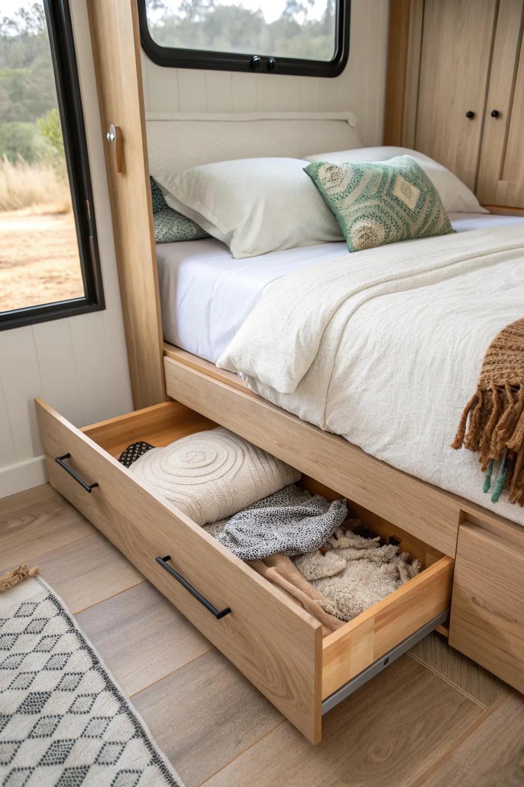 A seamless slide-out bed tucked into millwork—sleep space appears, clutter disappears.