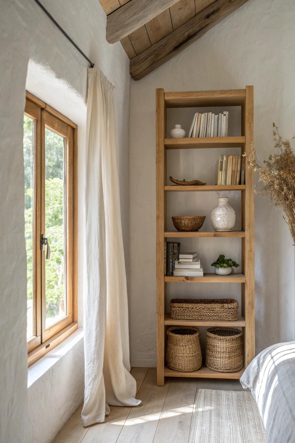 Built-in shelves framing the window turn a tiny bedroom nook into calm, clever storage.