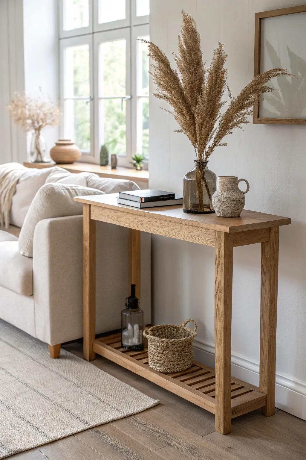 A slim console table behind the sofa adds a chic drop zone without stealing floor space.
