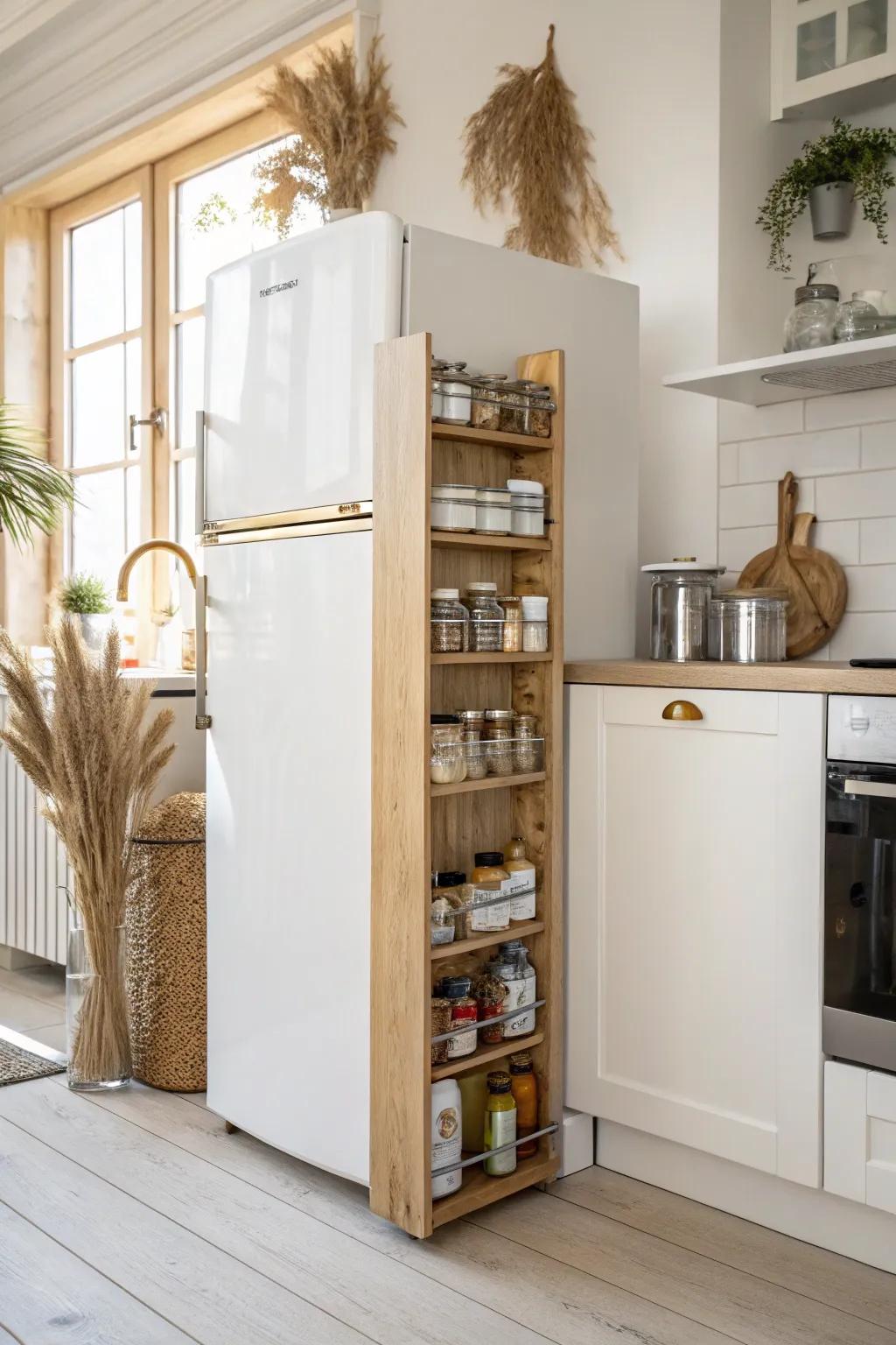 Turn the fridge gap into a skinny pull-out pantry—budget storage that feels like a secret win.