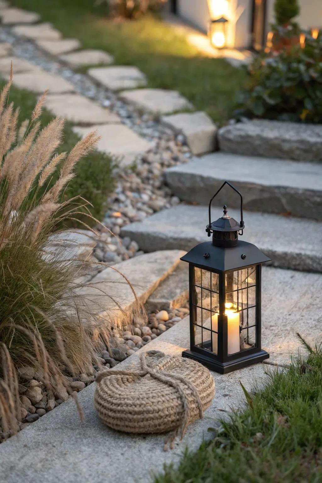 Layered path lighting: one warm lantern turns tiny-home steps into a cozy evening destination.
