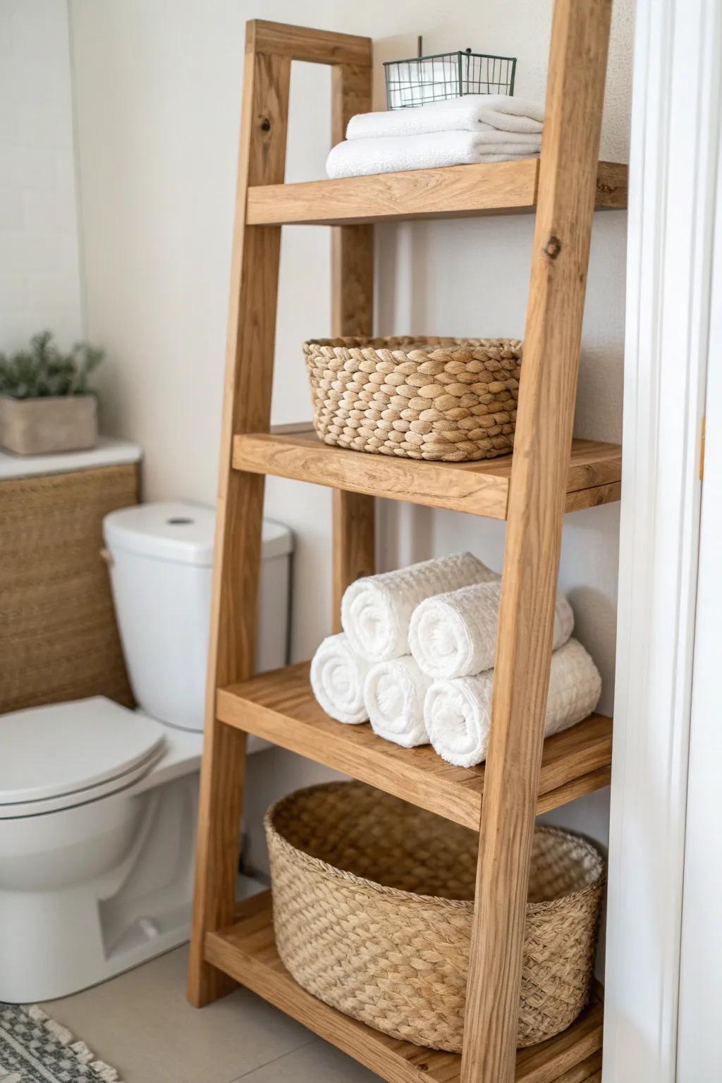 Over-toilet shelving with woven baskets and rolled towels—tiny bathroom storage that feels cozy.