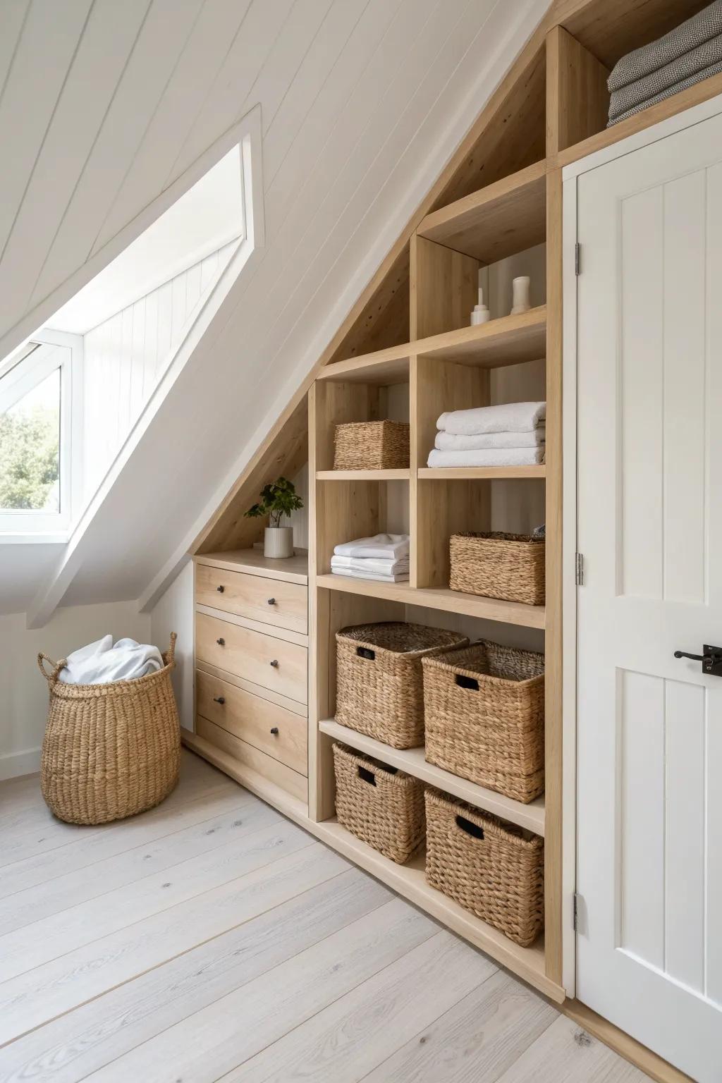 Sloped-ceiling shelves turn awkward tiny-house angles into beautifully custom closet storage.