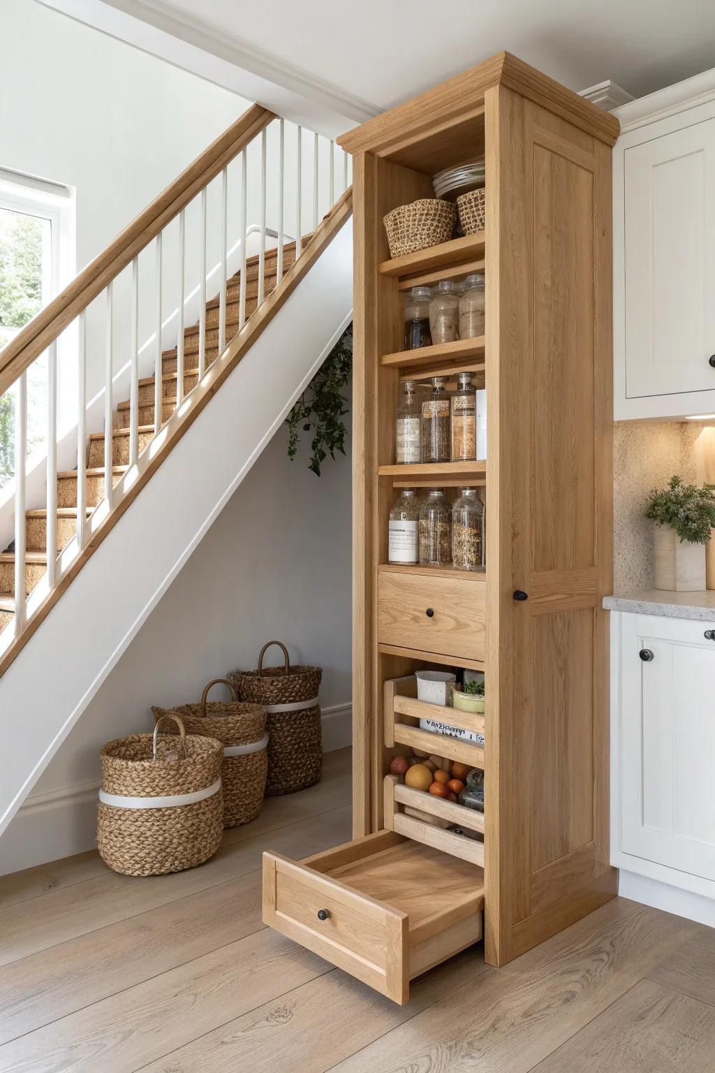 Turn the awkward under-stair nook into a gorgeous pull-out pantry for tiny-house kitchens.