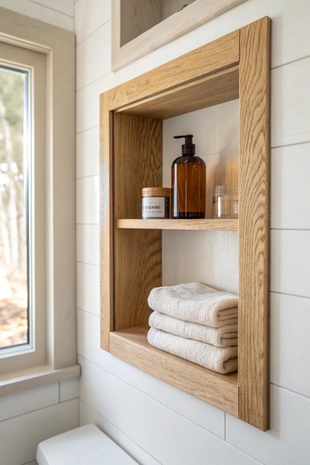 Sleek between-stud recessed cabinet: tiny-bathroom storage that stays airy and clutter-free.