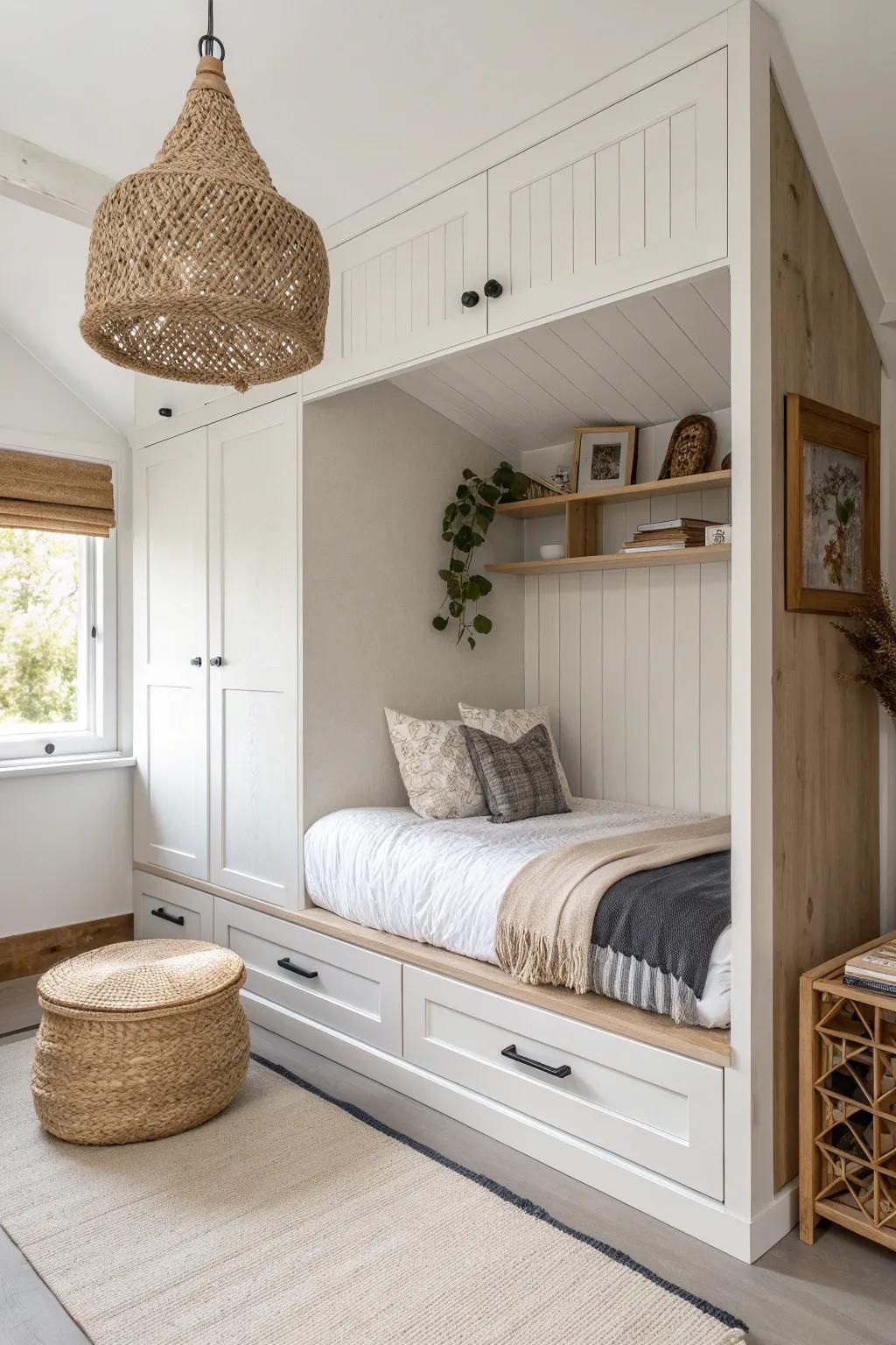 A tiny-room win: a built-in bed nook with shelves that feels like a serene boutique retreat.