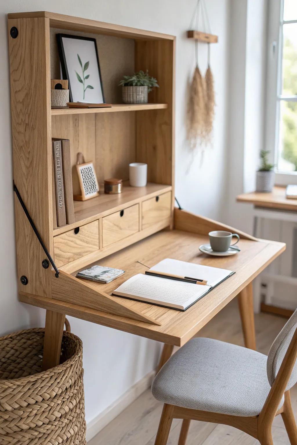 A fold-down wall desk that disappears when you’re done—tiny-bedroom magic in one move.