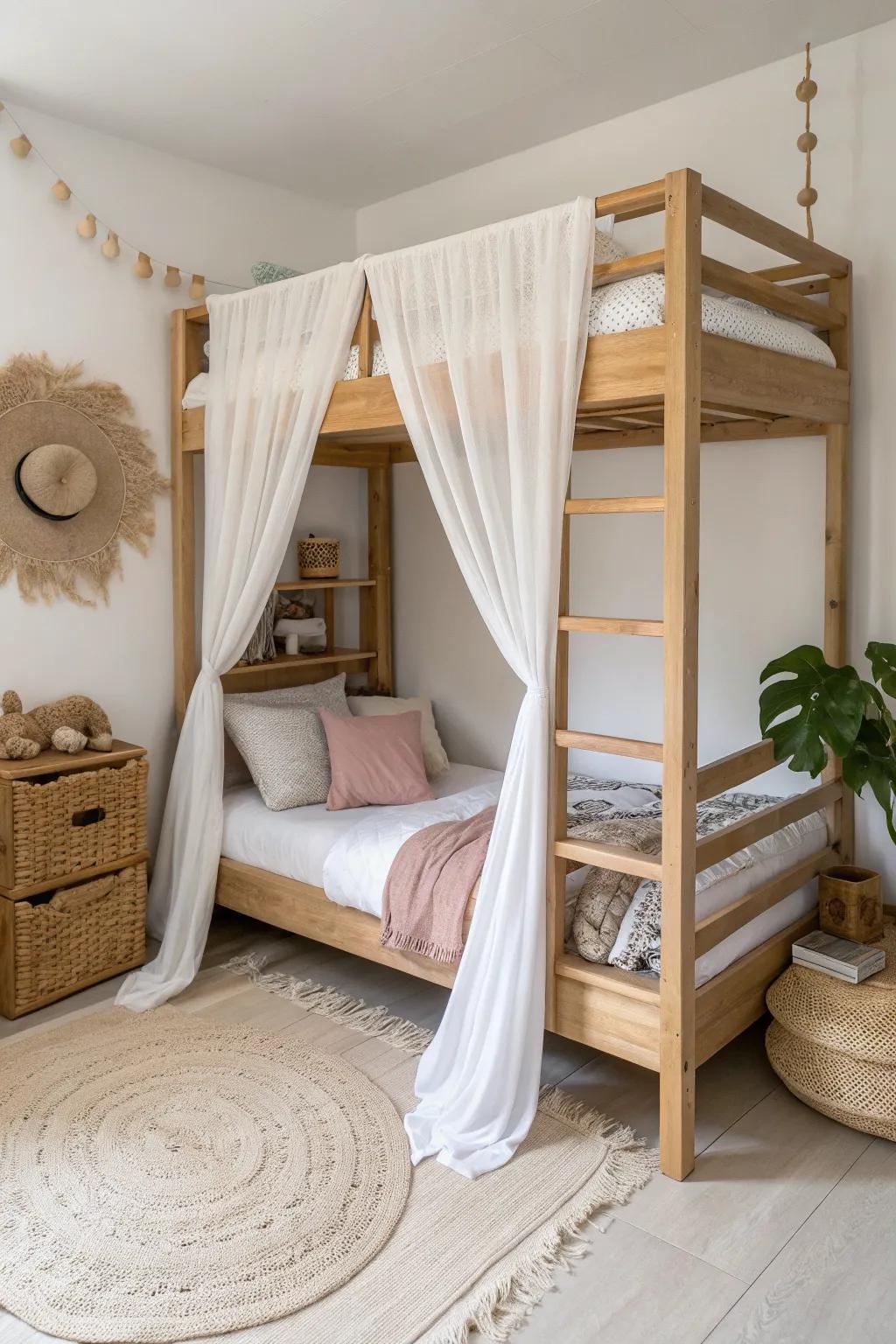 Turn the top bunk into a dreamy linen canopy nook—tiny, cozy, and boutique-hotel chic.