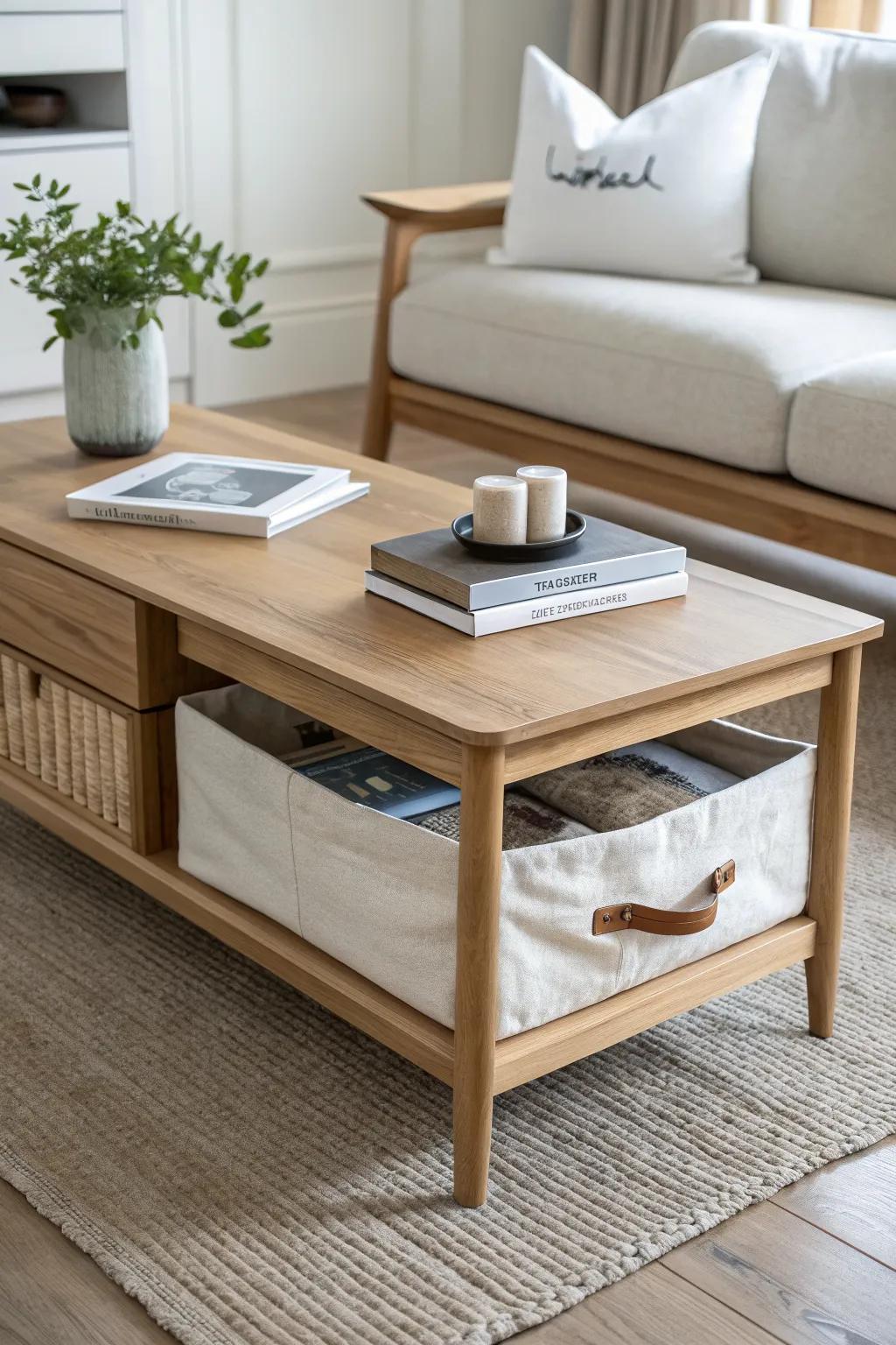 Coffee table with a hidden side bay—slide in a tote for instant, clutter-free blanket storage.