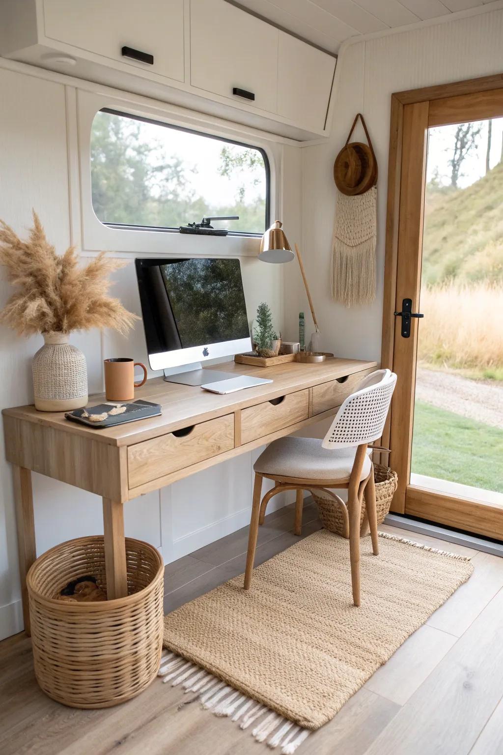 A slim toy hauler desk with hidden cord storage—bright, calm, and ready to work anywhere.