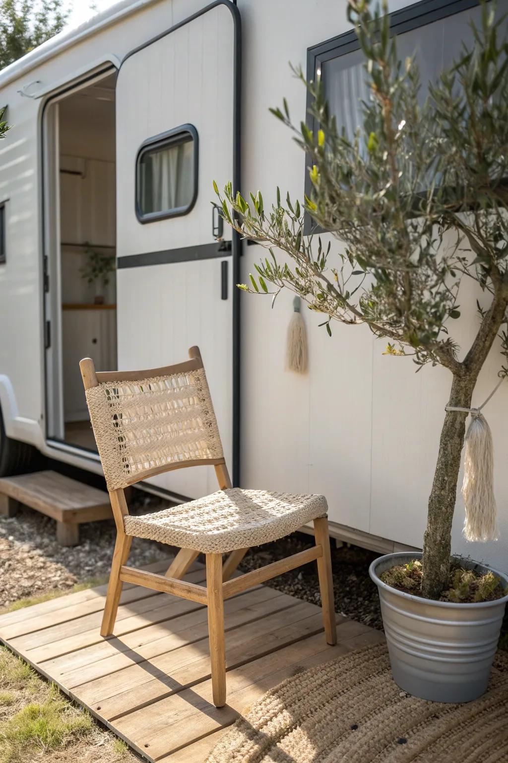 One woven bistro chair turns a tiny trailer porch into a cozy, room-like seating nook.