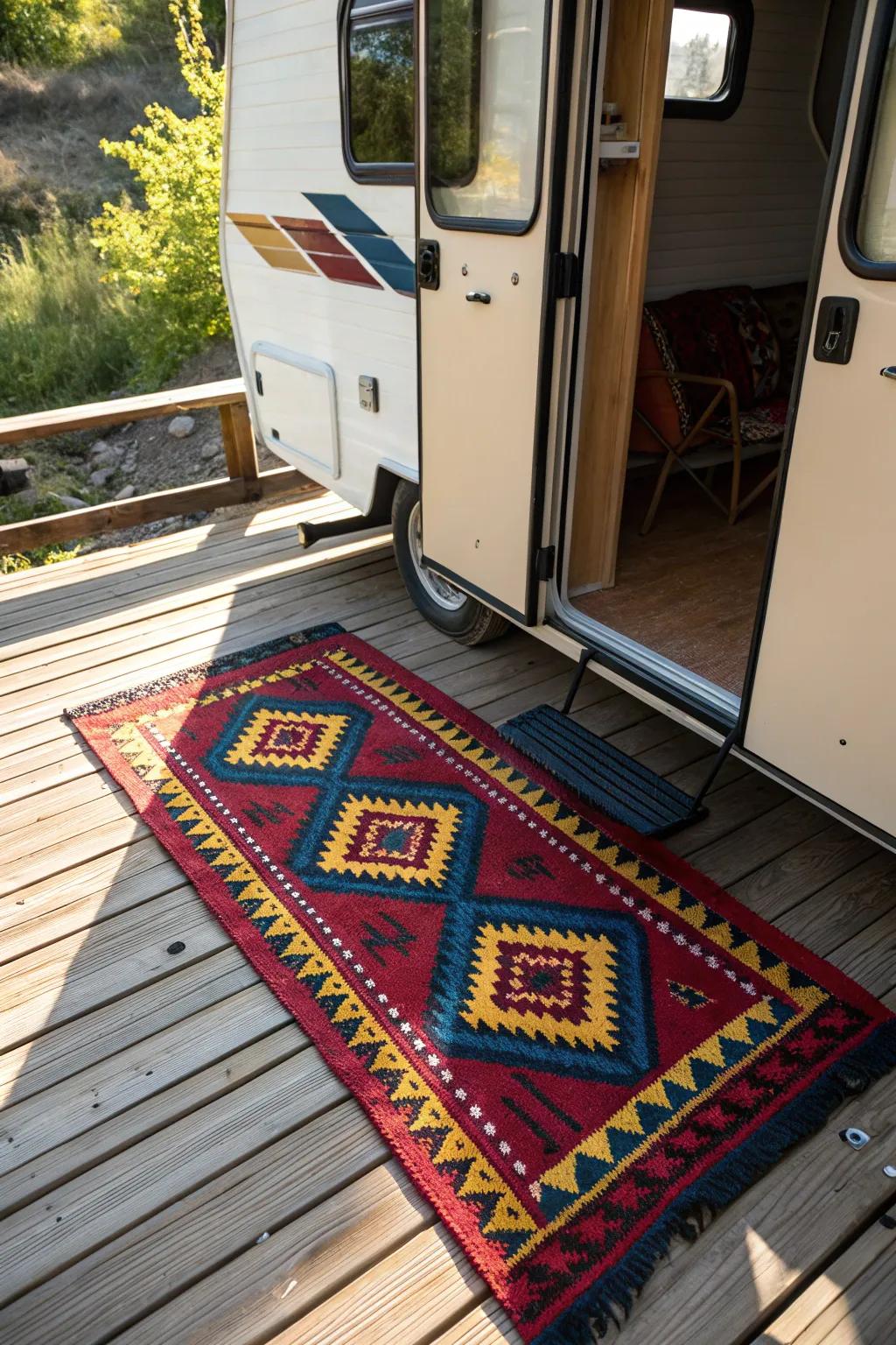 Elevate your camper's porch with a vibrant weatherproof rug, blending style and durability for the perfect outdoor retreat.