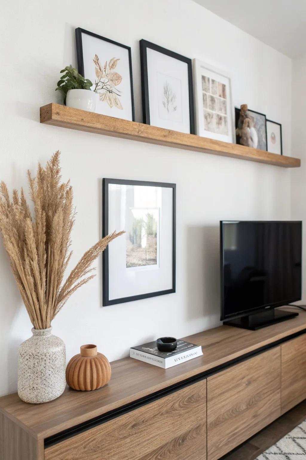 A slim picture ledge layers art above the TV console, styling the wall without feeling busy.