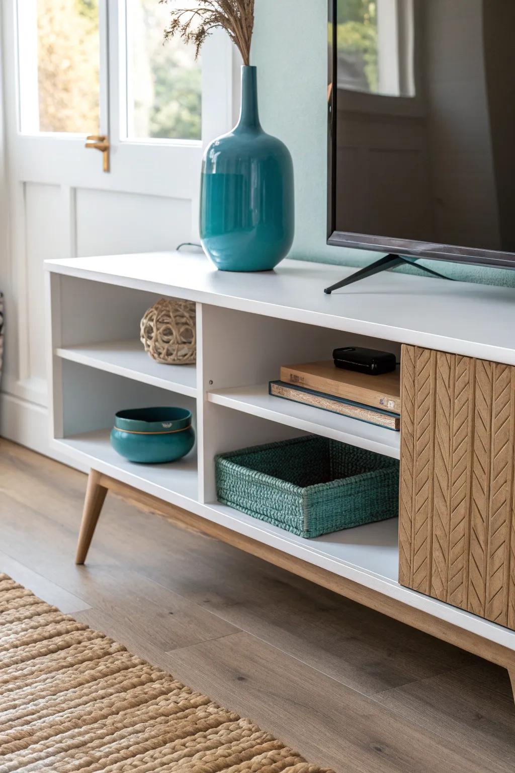 A neutral TV stand with a bold pop inside—instant “wait, what?” color and curated style.
