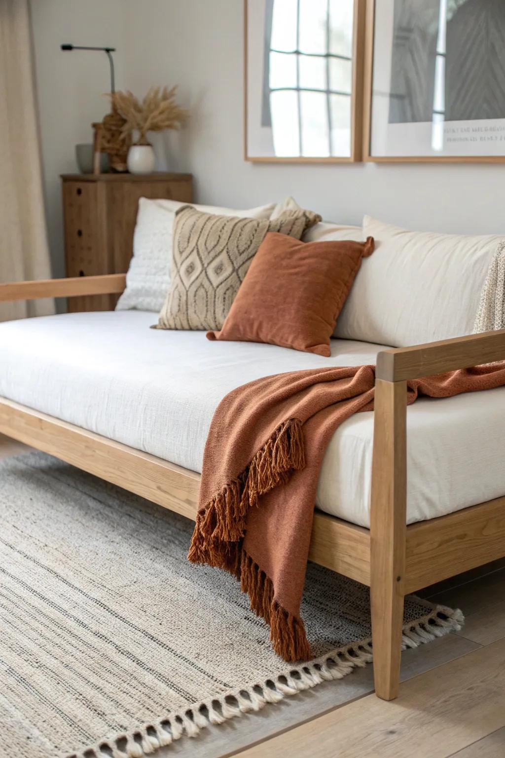 Twin daybed styled as a sofa—an elegant way to make a WFH room feel like a living room.