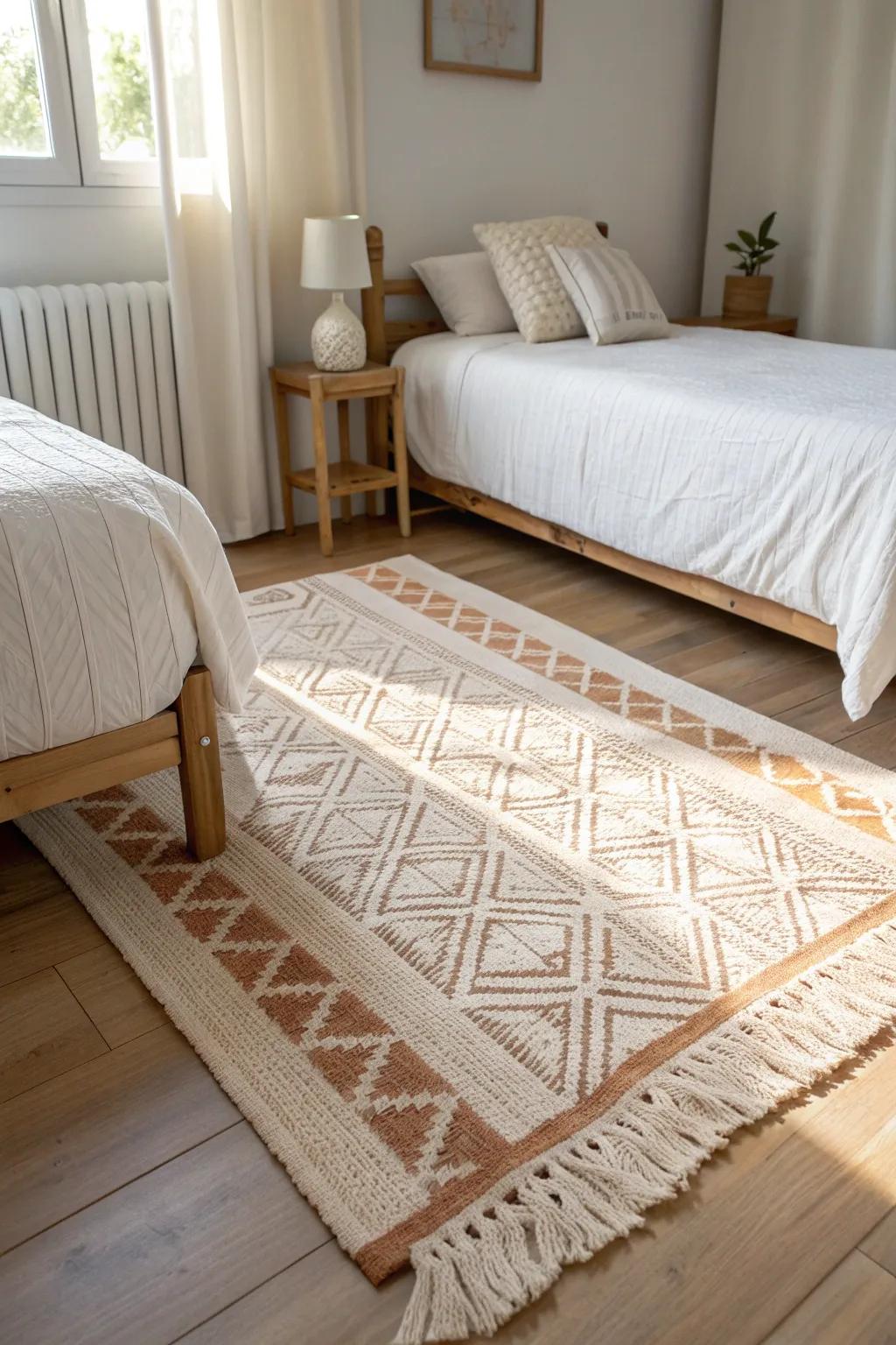 One shared rug creates a calm center aisle between twin beds—soft steps, unified style.
