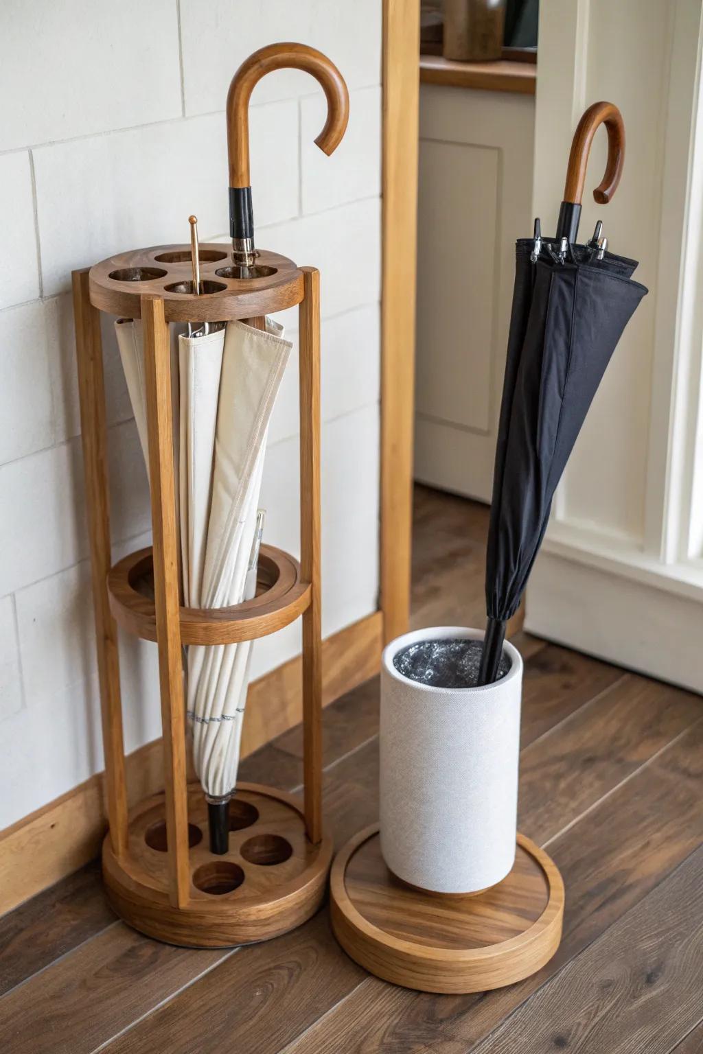 A two-zone umbrella stand: dry stays ready, wet stays contained—clean, calm entryway vibes.