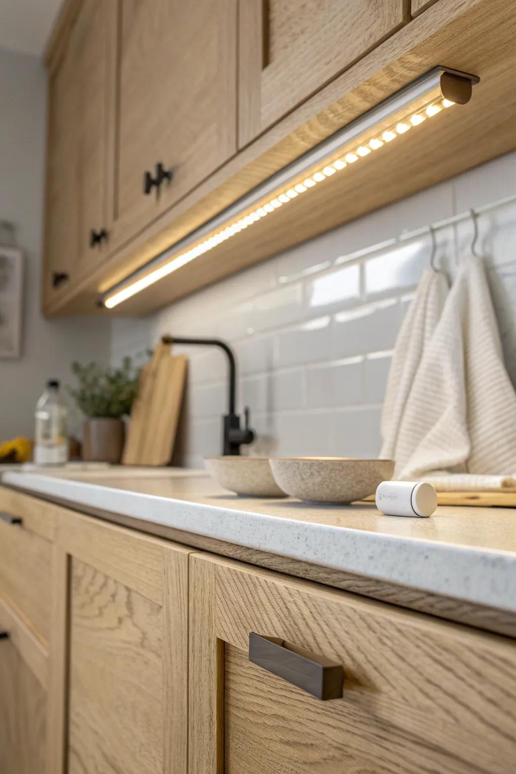 Linkable under-cabinet LED bars create one seamless glow across long, narrow countertops.