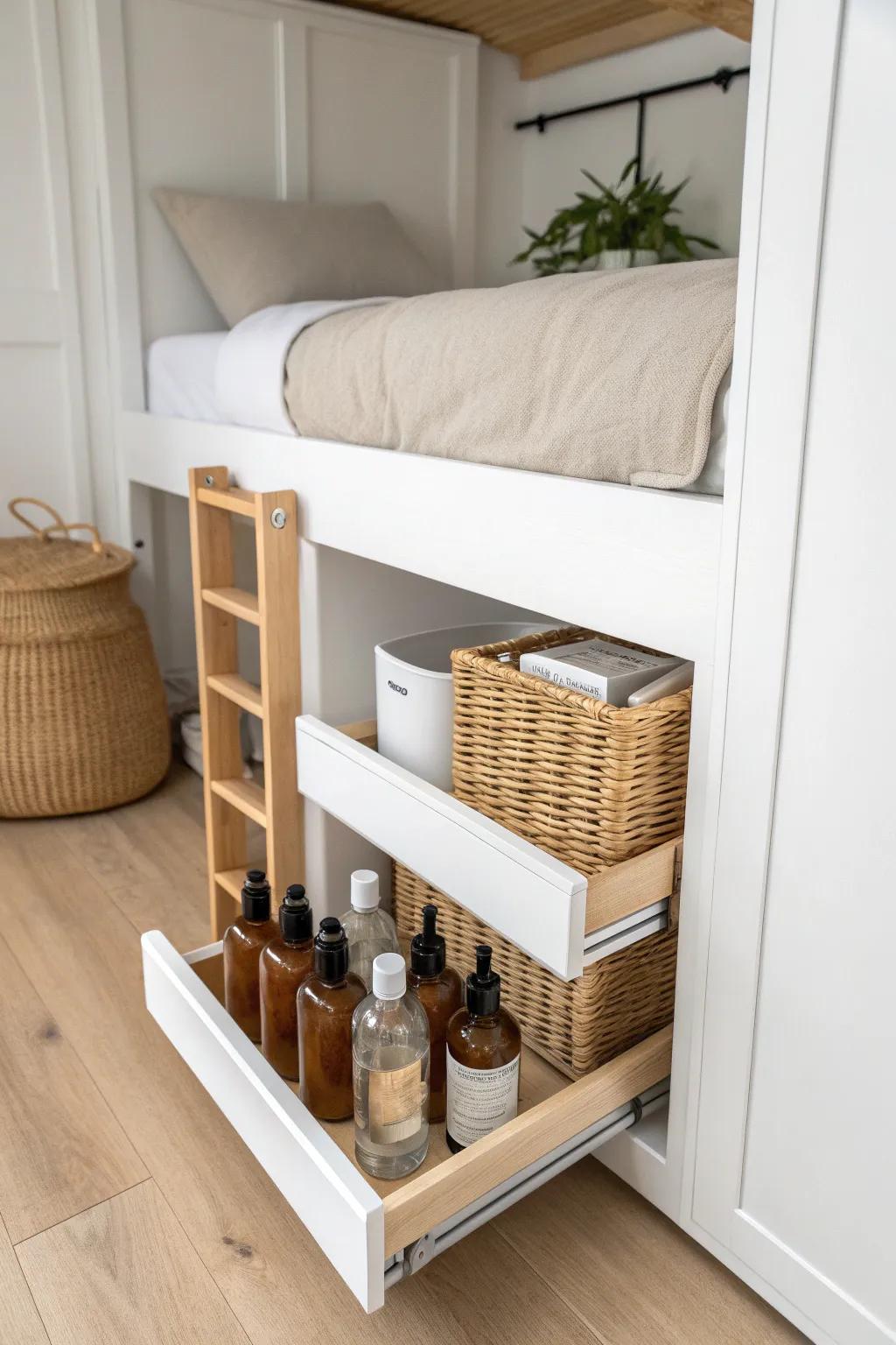 A slim pull-out shelf under your loft bed keeps toiletries and cleaners tidy, visible, and easy to grab.