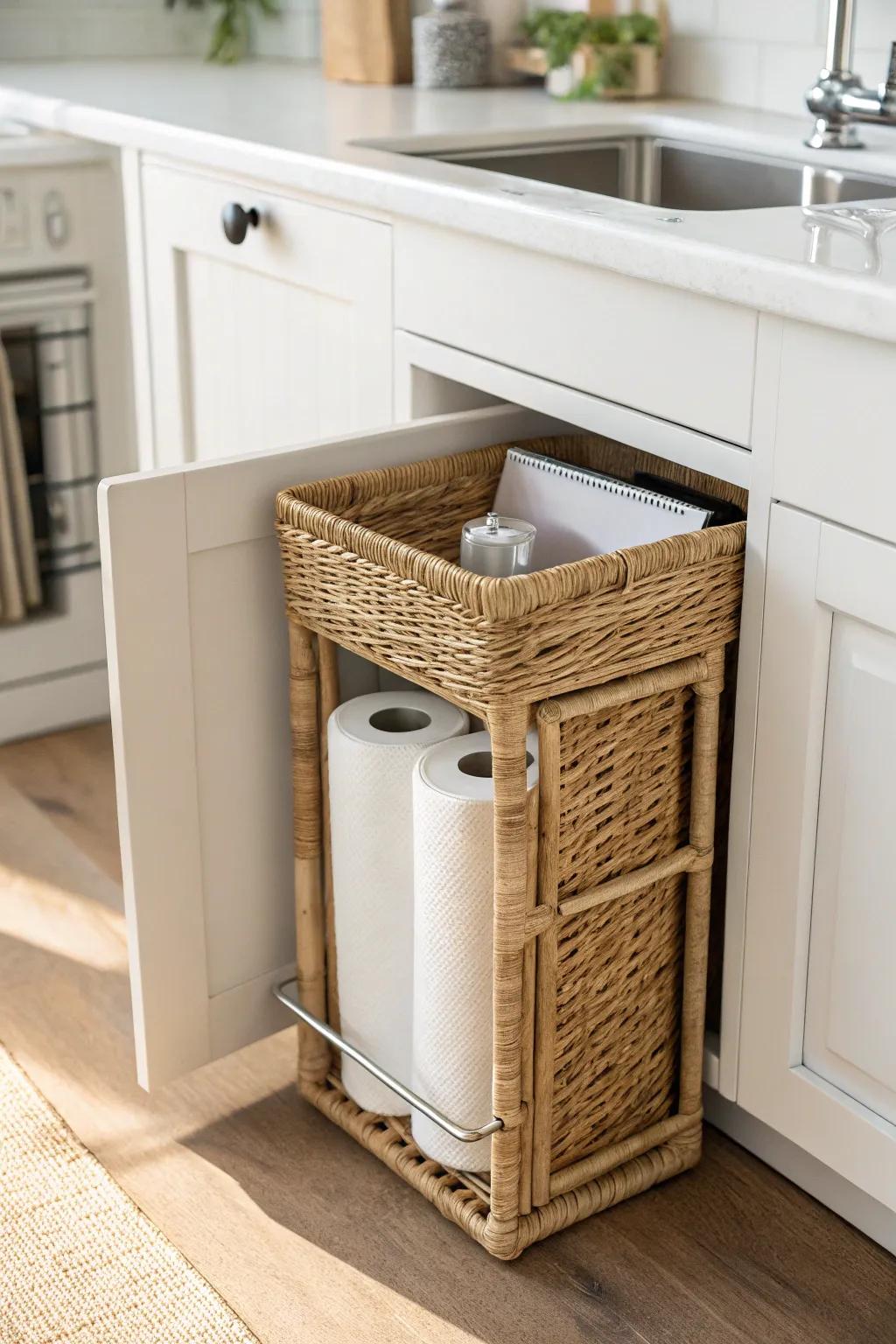 Under-sink upgrade: a vertical file holder keeps foil, parchment, and bags neatly upright.