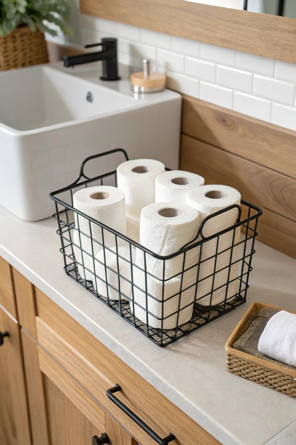 Open wire basket under the sink keeps toilet paper breathable, visible, and guest-ready.