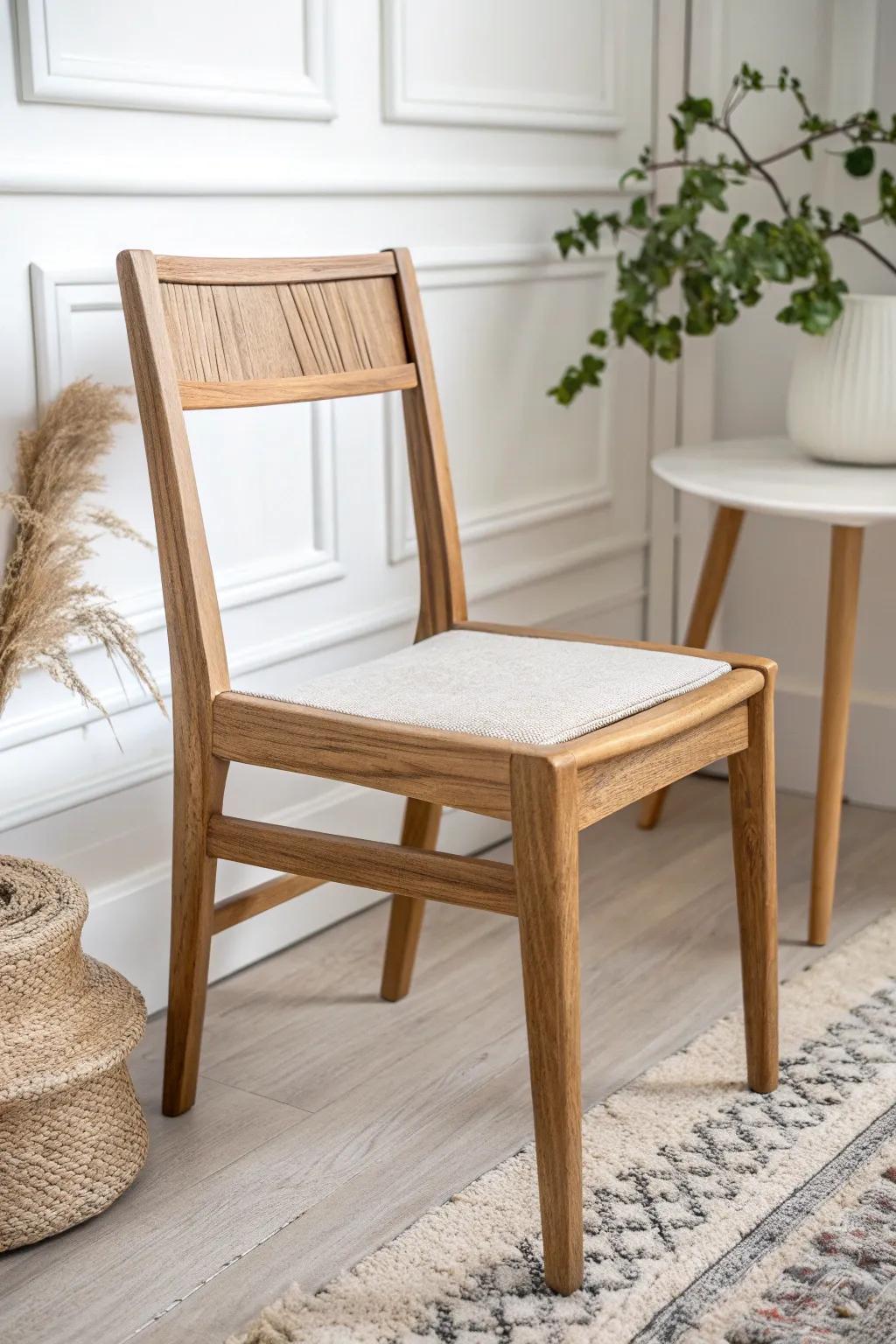 Embrace simplicity with a light oak-stained upcycled chair—where Scandinavian minimalism meets Boho charm.