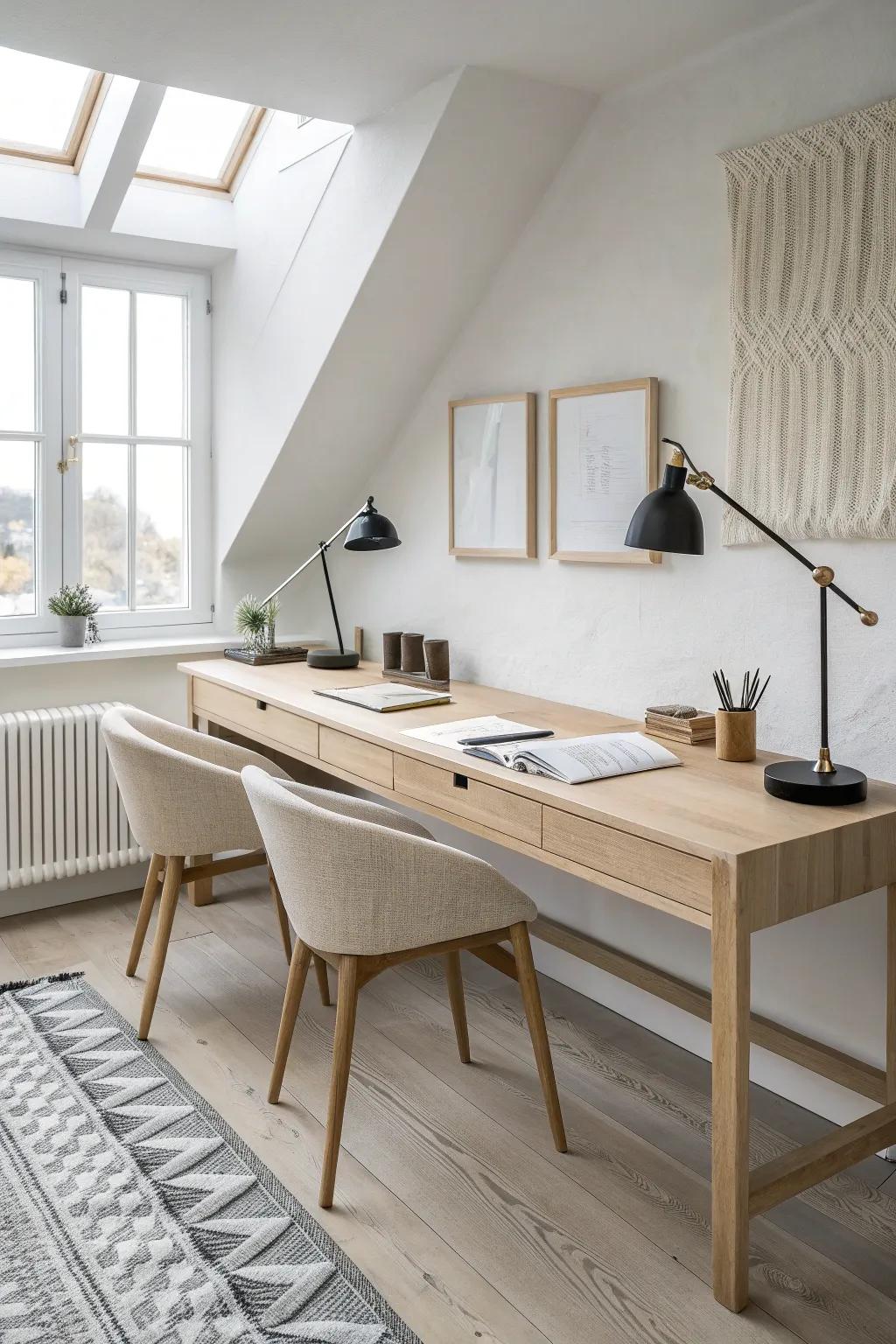 One-wall loft desk for two—clean Scandinavian lines, warm wood contrast, calm shared zones.