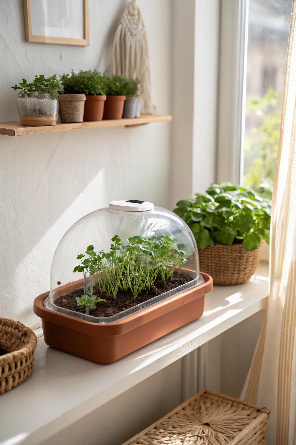 A mini greenhouse on a shelf keeps balcony seedlings cozy and thriving through chilly nights.