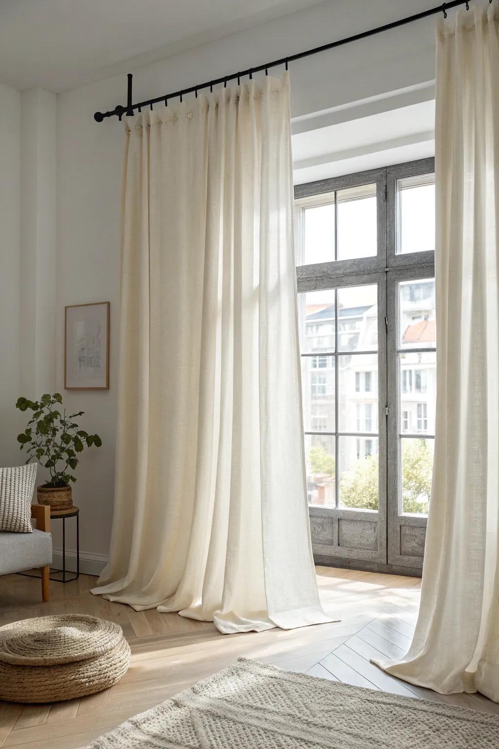 Ceiling-high linen curtains instantly lift small urban living rooms and make windows feel grand.