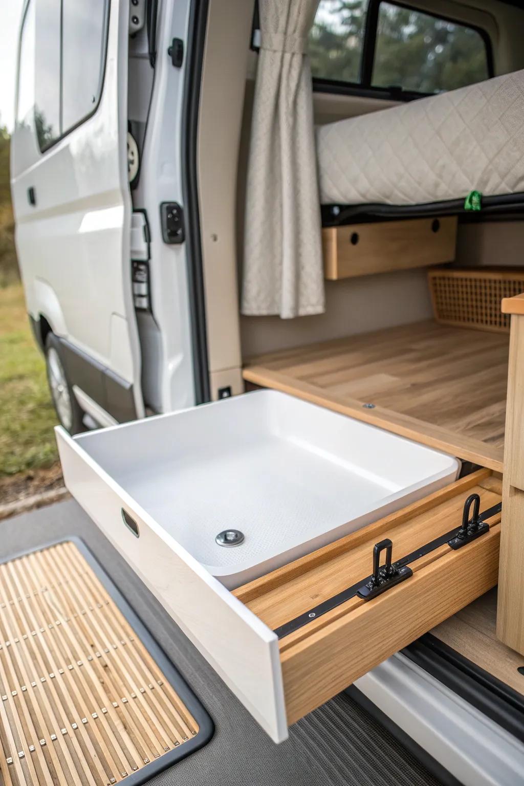 Pull-out under-bed shower pan turns your van’s garage into a clean, easy shower zone.