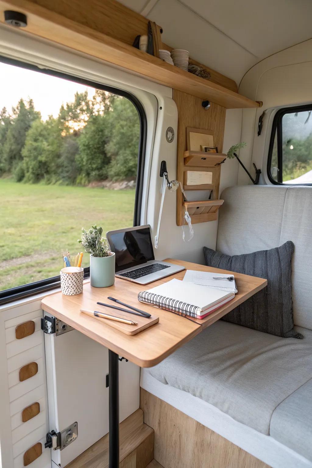 Fold-down van table with hidden flat storage for maps and boards—extra “drawer” without clutter.